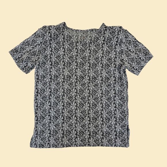 Vintage 70s/80s M lace floral blouse by Jostar, black & white sheer crew-neck - Picture 9 of 9